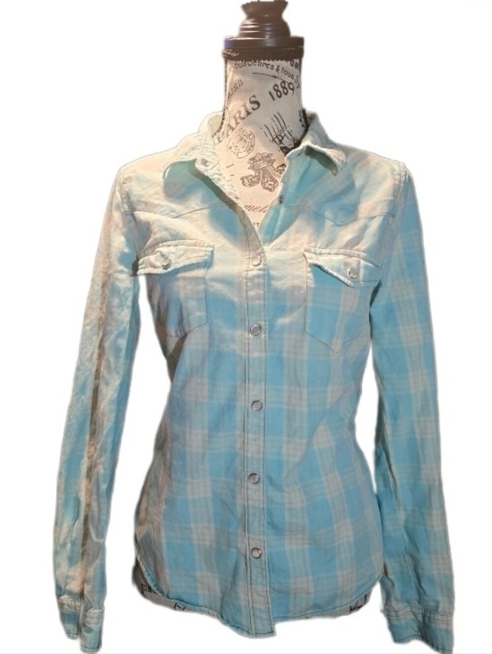Light Blue Plaid Button-Front Women's Shirt